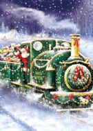 Personalised Christmas Card - Santa Express final A vibrant illustration of the "Santa Express" train making its way through a snowy forest. The green train is adorned with festive garlands, wreaths, and gold stars. Santa Claus waves from the cab of the locomotive, which pulls a carriage full of brightly wrapped Christmas gifts.