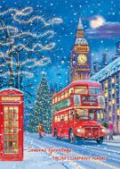 Personalised Christmas Card - Snowfall over Westminster FP A quintessential London winter scene with a red double-decker bus driving through Westminster, Big Ben in the background, and a decorated Christmas tree. Festive lights and falling snow capture the enchanting charm of a snowy night