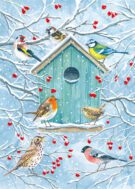 Personalised Christmas Card - Songbirds in the Snow A delightful illustration of songbirds gathered around a turquoise birdhouse in the snow. Species like a robin, bullfinch, blue tit, and goldfinch perch on snow-covered branches with red berries, capturing the beauty of winter nature.