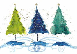 Personalised Christmas Card - Three Trees A simple, elegant watercolour illustration of three abstract Christmas trees in vibrant lime green, deep blue, and turquoise. Each tree features a gold star on top and a swirling garland, finished with gold foil.