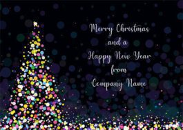 Front Personalised Christmas Card - Tree of Lights Corporate, business, charity and bespoke personalised Christmas Cards. A modern, abstract Christmas design featuring a tree made of glowing bokeh circles. The tree stands against a dark background with blurred light spots in purple, blue, and green, while a scattering of colourful circles forms a magical snowbank below.