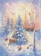 Personalised Christmas Card - Tree of Wonder A magical, snowy forest scene with a glowing Christmas tree adorned with blue and white lights. A stag gazes at the tree, while a doe and fawn rest nearby. Foxes, squirrels, and birds complete this enchanting winter wonderland.